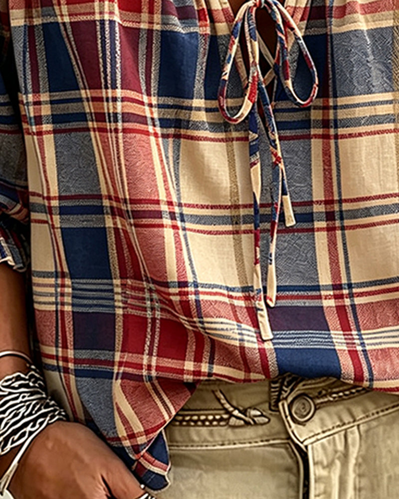 V-Neck Tie Plaid Blouse blouses & shirts spring summer