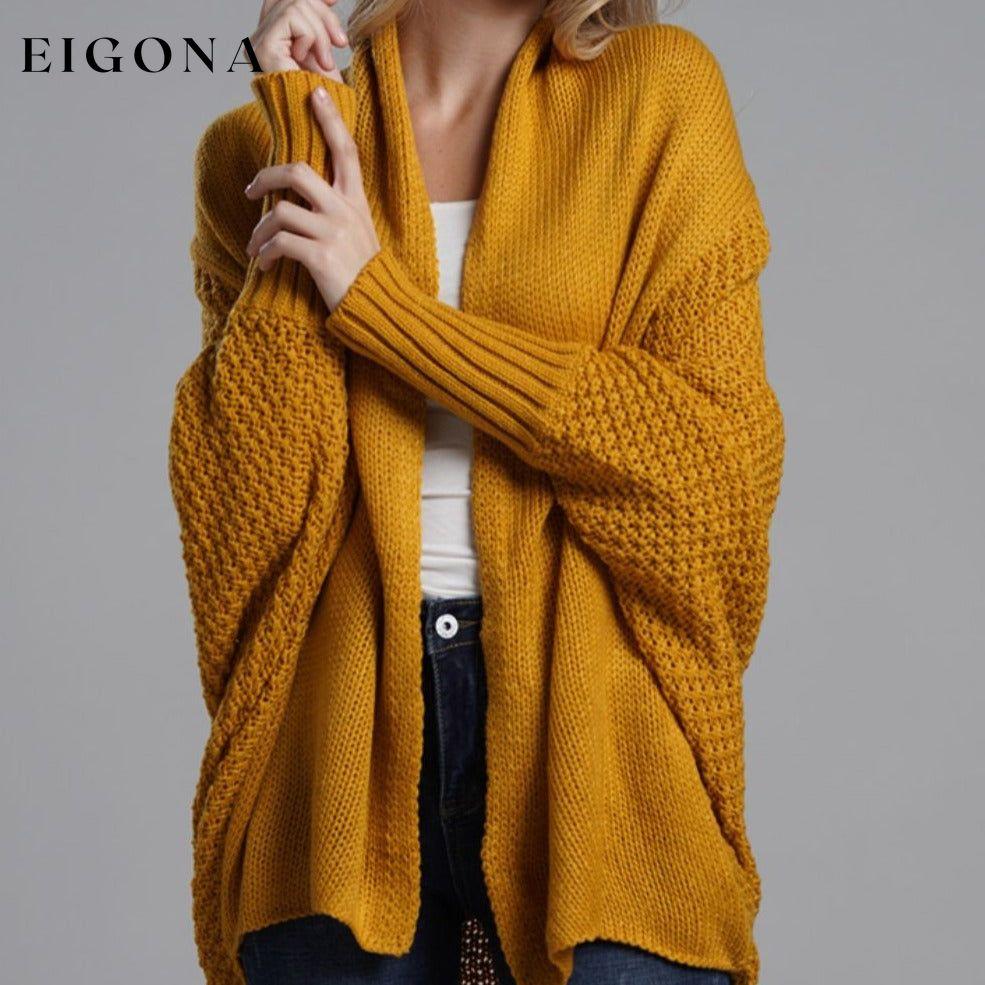 Double Take Sleeve Open Front Ribbed Trim Longline Cardigan Mustard One Size cardigan cardigans clothes Double Take Ship From Overseas sweaters