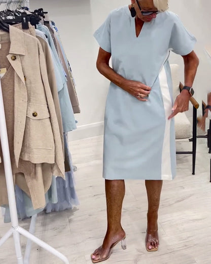 Short-Sleeved Contrast Color Straight Dress