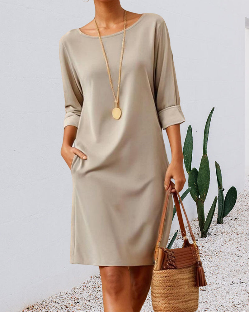 Casual solid color pocket round neck dress casual dresses spring summer