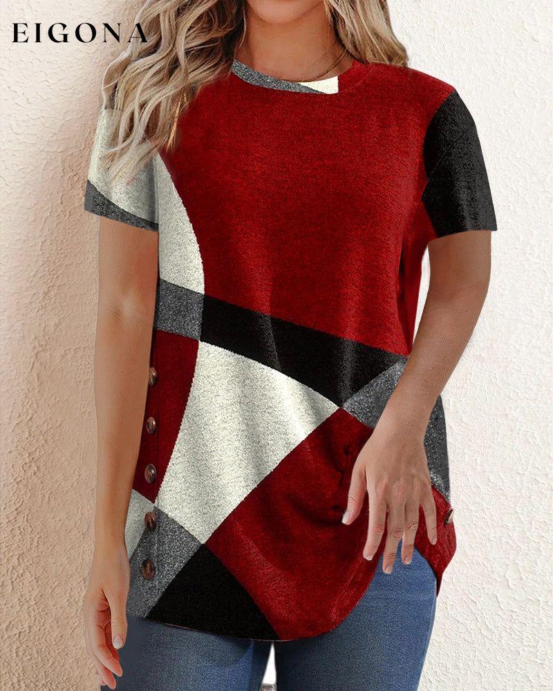 Contrast T-shirt with Geometric Print Red 23BF clothes Short Sleeve Tops T-shirts Tops/Blouses