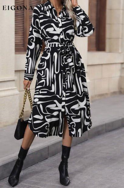 Printed Tie Front Collared Neck Slit Shirt Dress Black clothes Hundredth Ship From Overseas