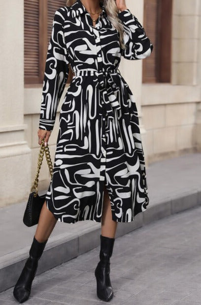 Printed Tie Front Collared Neck Slit Shirt Dress Black clothes Hundredth Ship From Overseas