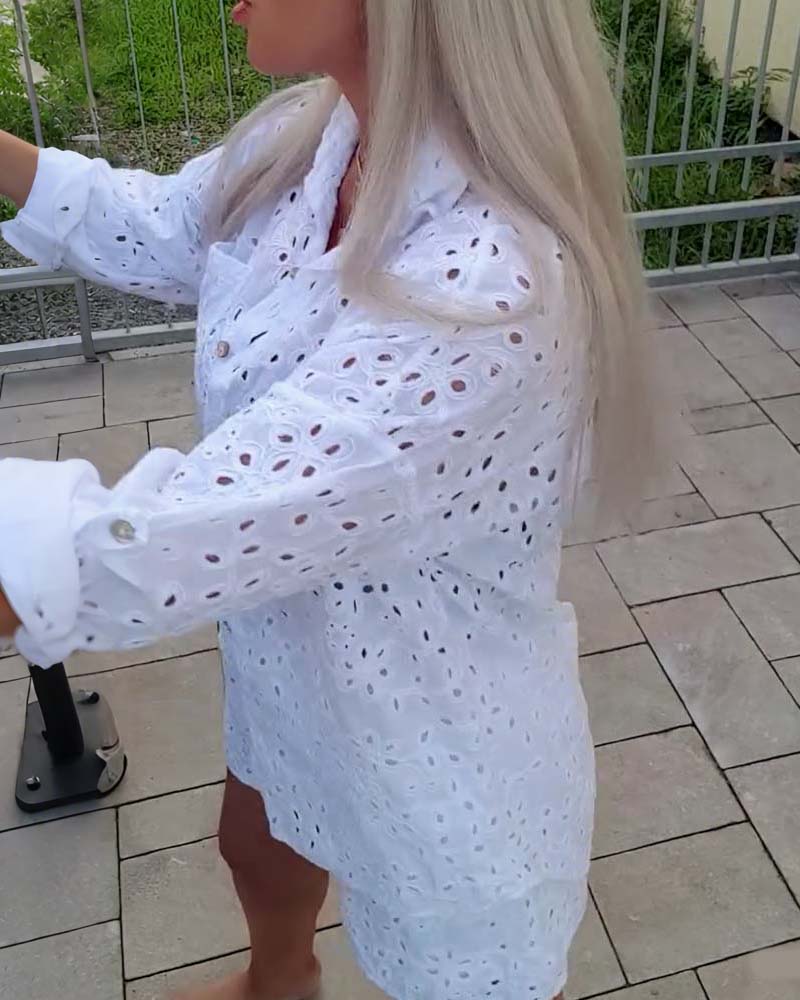 Long-Sleeved Lapel Hollow Shorts Set