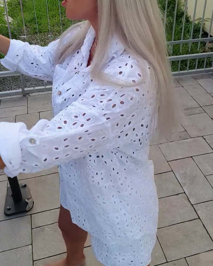 Long-Sleeved Lapel Hollow Shorts Set