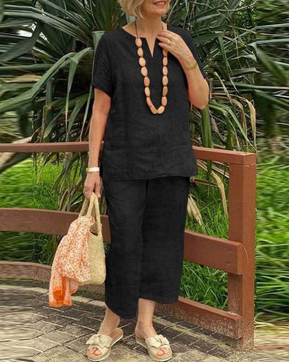 Short Sleeve Shirt Elastic Waist Cropped Pants Two-Piece Sets