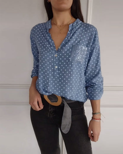 V-neck button-down polka dot print top 2024 f/w blouses & shirts spring