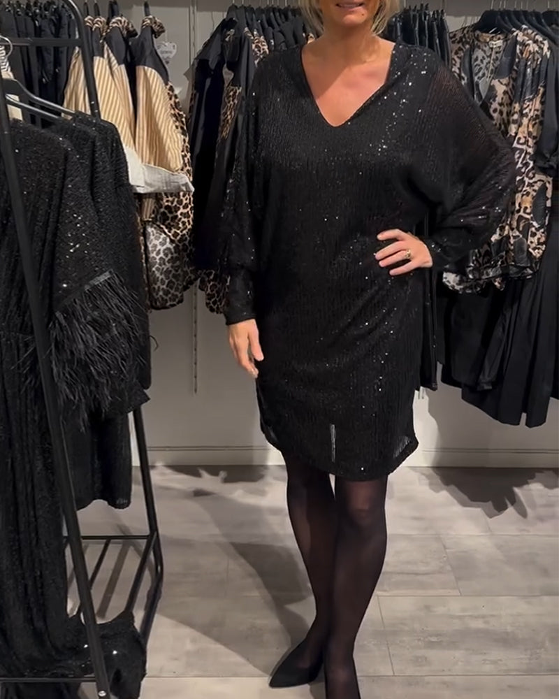 V-neck bat sleeve sequined shift dress 2024 f/w casual dresses christmas