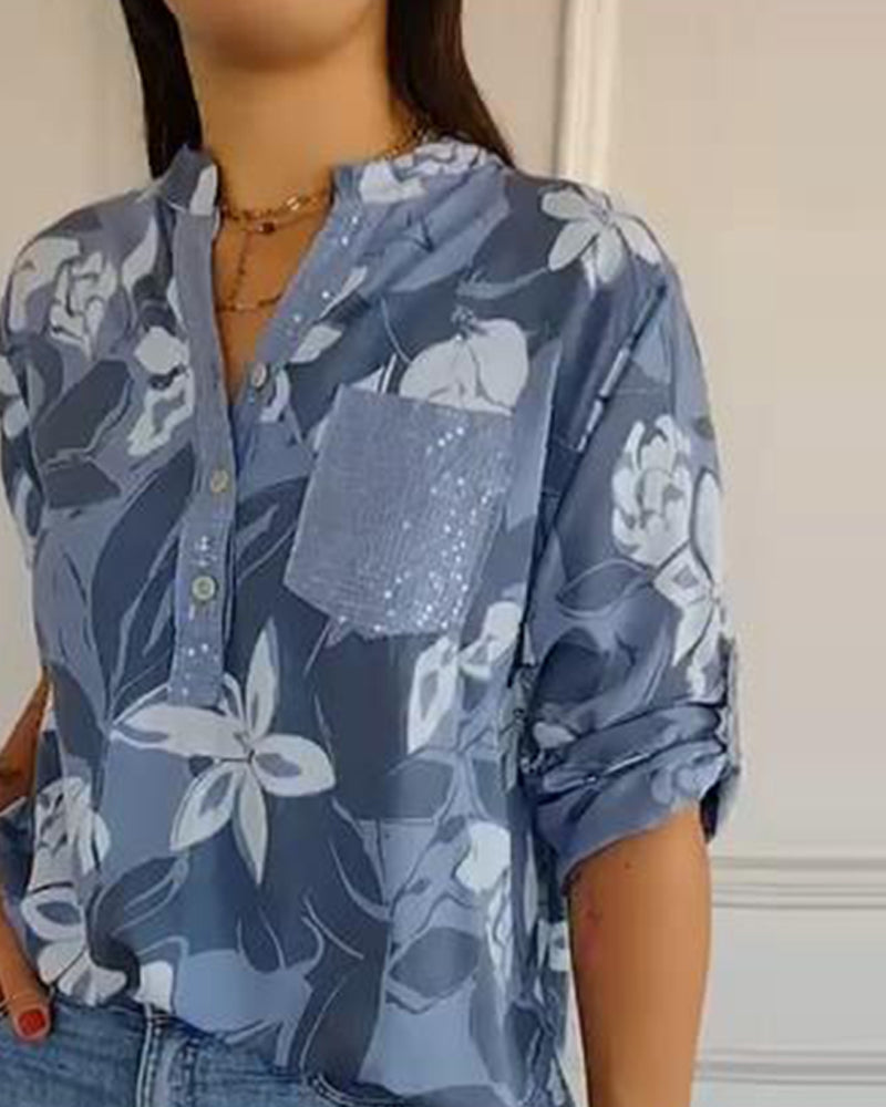 Button-Down Collar Sequined Color-Blocked Blouse