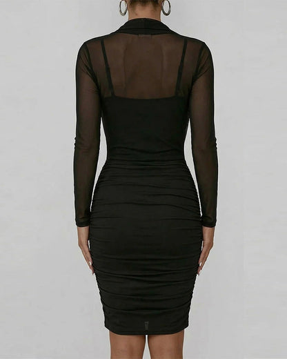 Mesh Pile Collar Slim Fit Hip-Hugging Dress