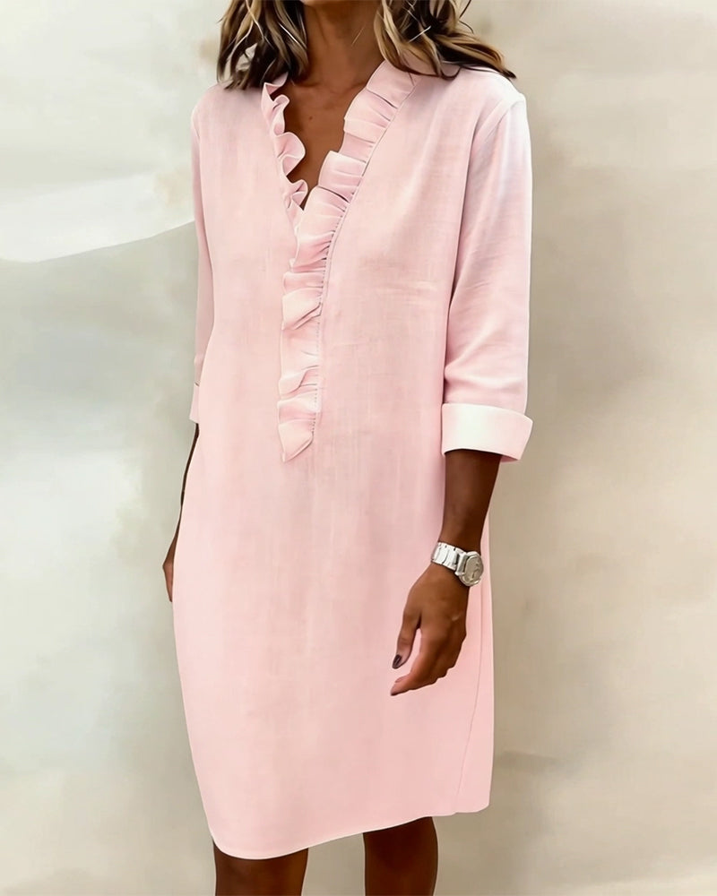 Ruffled V-Neck Solid Color Dress