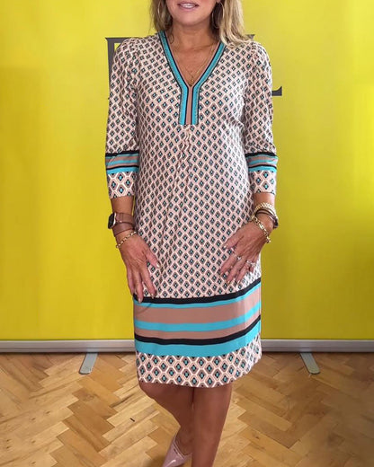 Casual V-neck printed three-quarter sleeve dress casual dresses spring summer