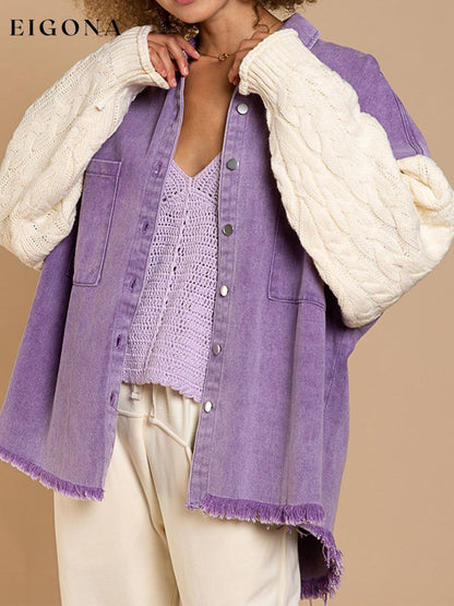 Cable-Knit Raw Hem Denim Jacket Dusty Purple clothes Denim Jacket jacket Jackets & Coats Ship From Overseas T.F@Denim