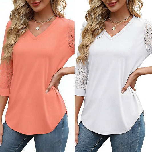 Hollow Three-Quarter Sleeve Solid Color Top Set blouses & shirts spring summer