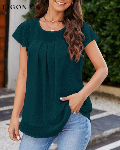 Round Neck T-shirt with Ruffle Sleeves Green 23BF clothes Short Sleeve Tops Spring Summer T-shirts Tops/Blouses