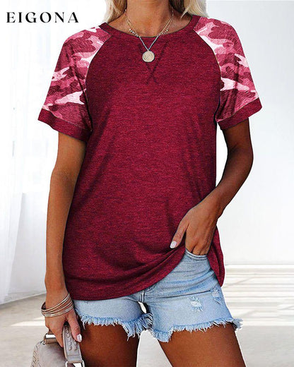 Camouflage print round neck short sleeve t-shirt Burgundy 23BF clothes Short Sleeve Tops Summer T-shirts Tops/Blouses