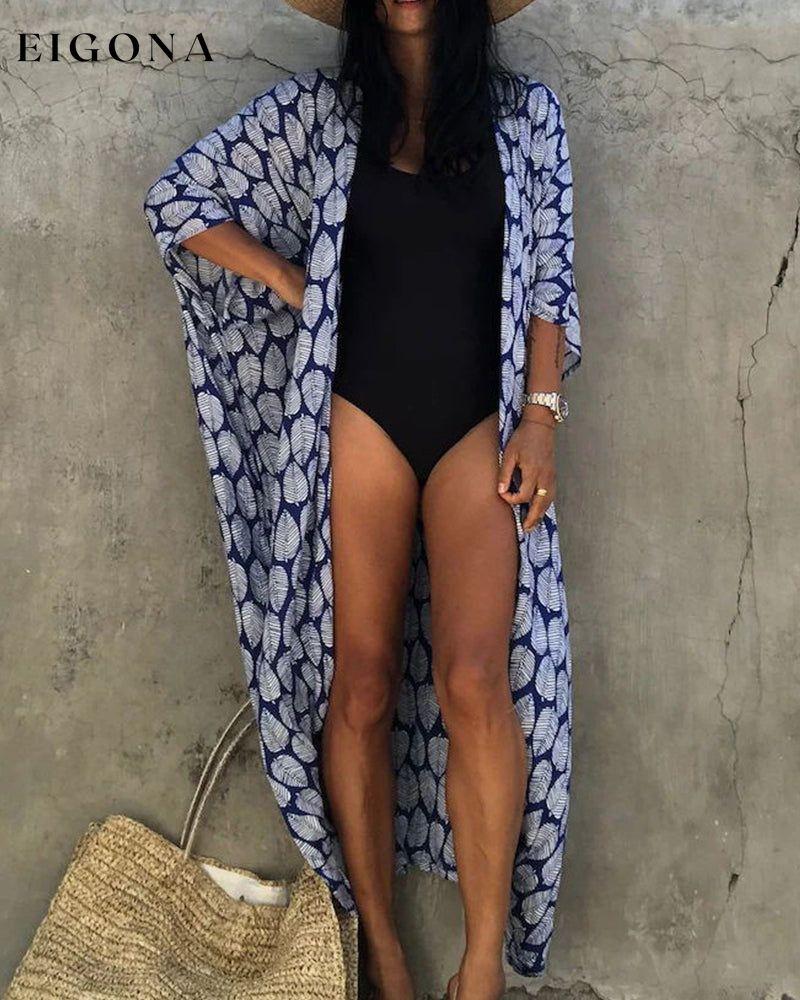 Leaf print beach swimsuit blouse Blue One size 23BF Clothes Cover-Ups Summer Swimwear