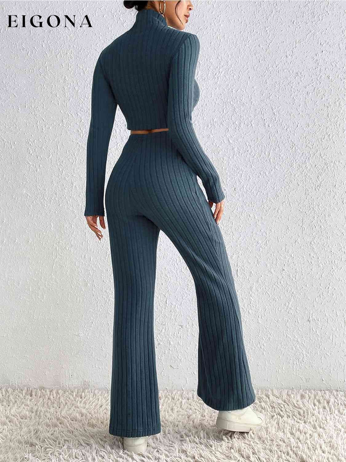 Ribbed Mock Neck Cropped Sweater & High Waist Pants Set clothes HS Ship From Overseas