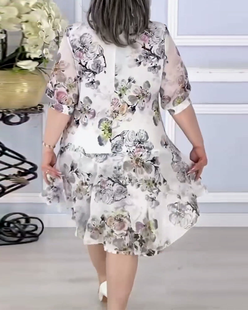 Floral print patchwork double layer elegant dress casual dresses spring summer