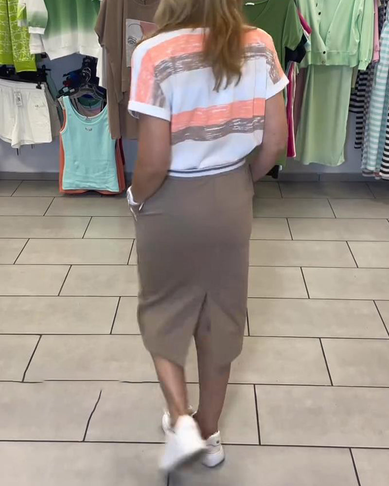 V-Neck Striped Sports Skirt Set