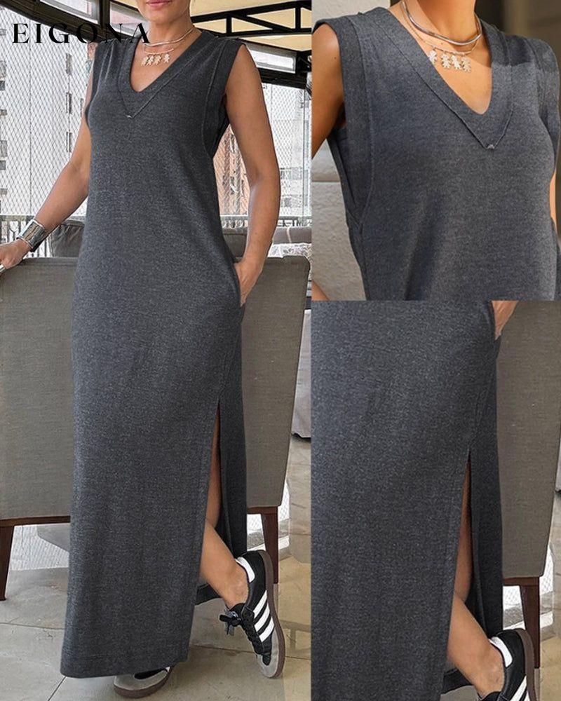 Elegant solid color slit pocket dress casual dresses spring summer