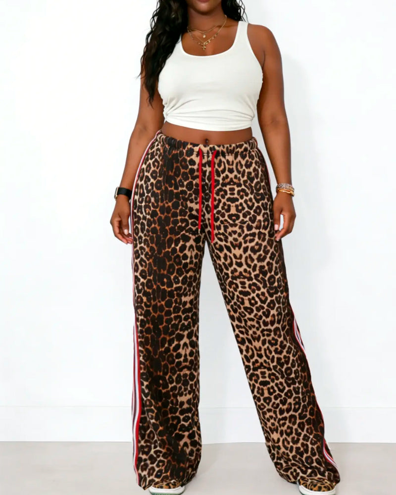 Color-Block Leopard Print Drawstring Straight-Leg Pants