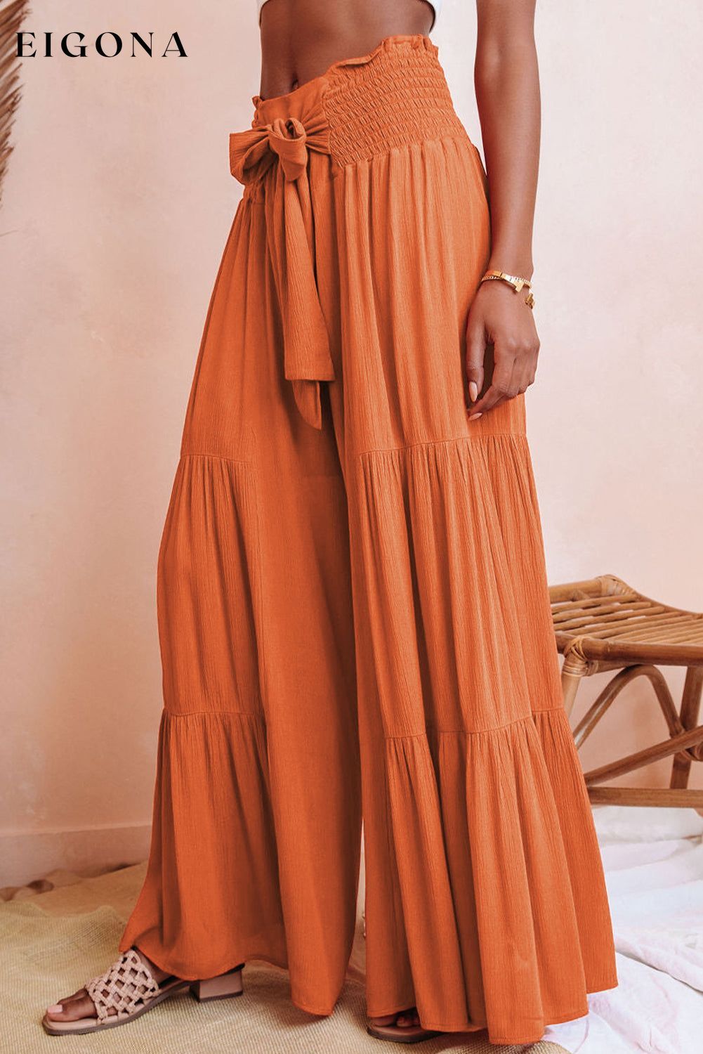 Orange Smocked Waist Tiered Wide Leg Pants bottom bottoms clothes Craft Smocked Occasion Vacation pants Season Summer Style Casual wide leg pants