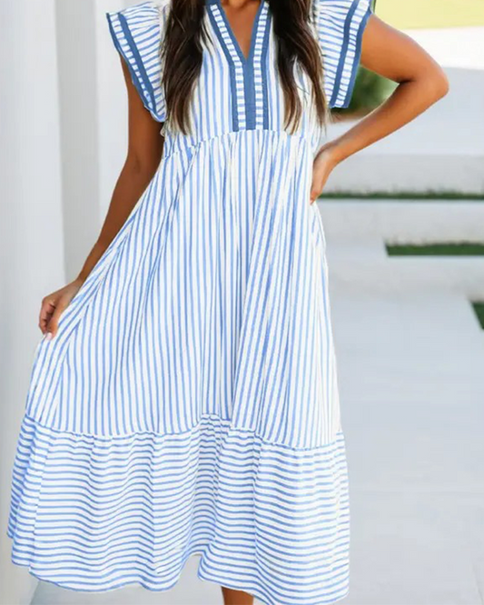 Striped Double Ruffle Short Sleeve Dress