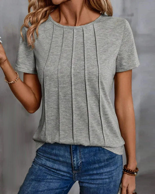 Pleated round neck short sleeve top blouses & shirts spring summer