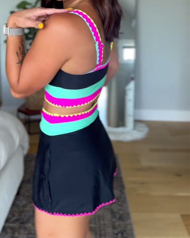 Stylish Color-Blocked Three-Piece Swimsuit