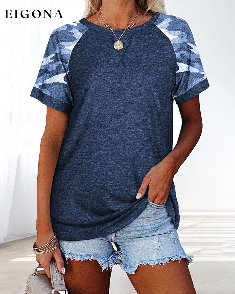 Camouflage print round neck short sleeve t-shirt Dark Blue 23BF clothes Short Sleeve Tops Summer T-shirts Tops/Blouses