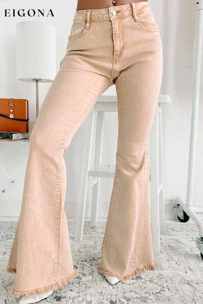 Khaki Raw Edge Mid Waist Flared Jeans All In Stock Best Sellers bottom clothes Craft Distressed Early Fall Collection Fabric Denim Occasion Daily pants Print Solid Color Season Spring Silhouette Flare Style Casual Style Modern