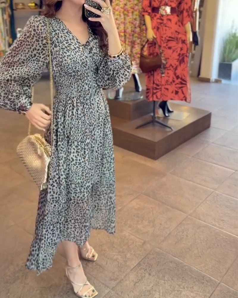 Puff Sleeve V-Neck Printed Dress