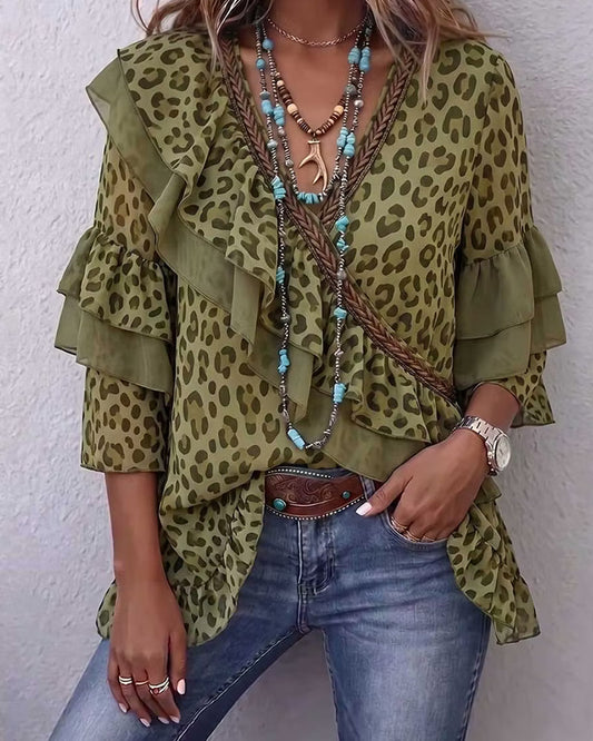 V-Neck Ruffle Leopard Blouse blouses & shirts spring summer
