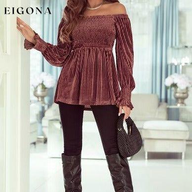 Womens Off The Shoulder Long Sleeve Velvet Top Smocked Lantern Sleeve Peplum Blouse Clothes long sleeve shirt long sleeve shirts long sleeve top long sleeve tops Ship From Overseas shirt shirts SYNZ top tops Tops/Blouses