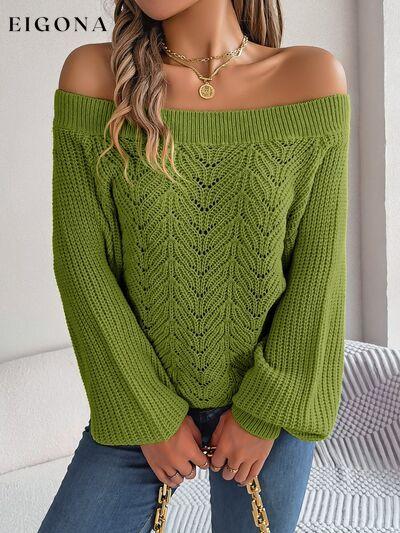 Openwork Off-Shoulder Long Sleeve Sweater Moss B.J.S clothes long sleeve tops Ship From Overseas Sweater sweaters tops Tops/Blouses