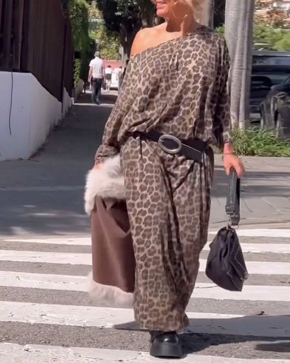 Casual leopard print one shoulder long sleeve loose dress 2024 f/w casual dresses