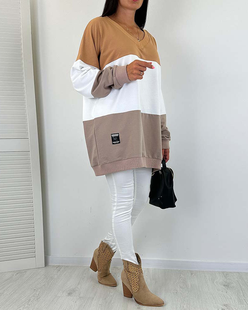 Casual color block printed V-neck loose sweatshirt 2024 f/w spring sweatshirts