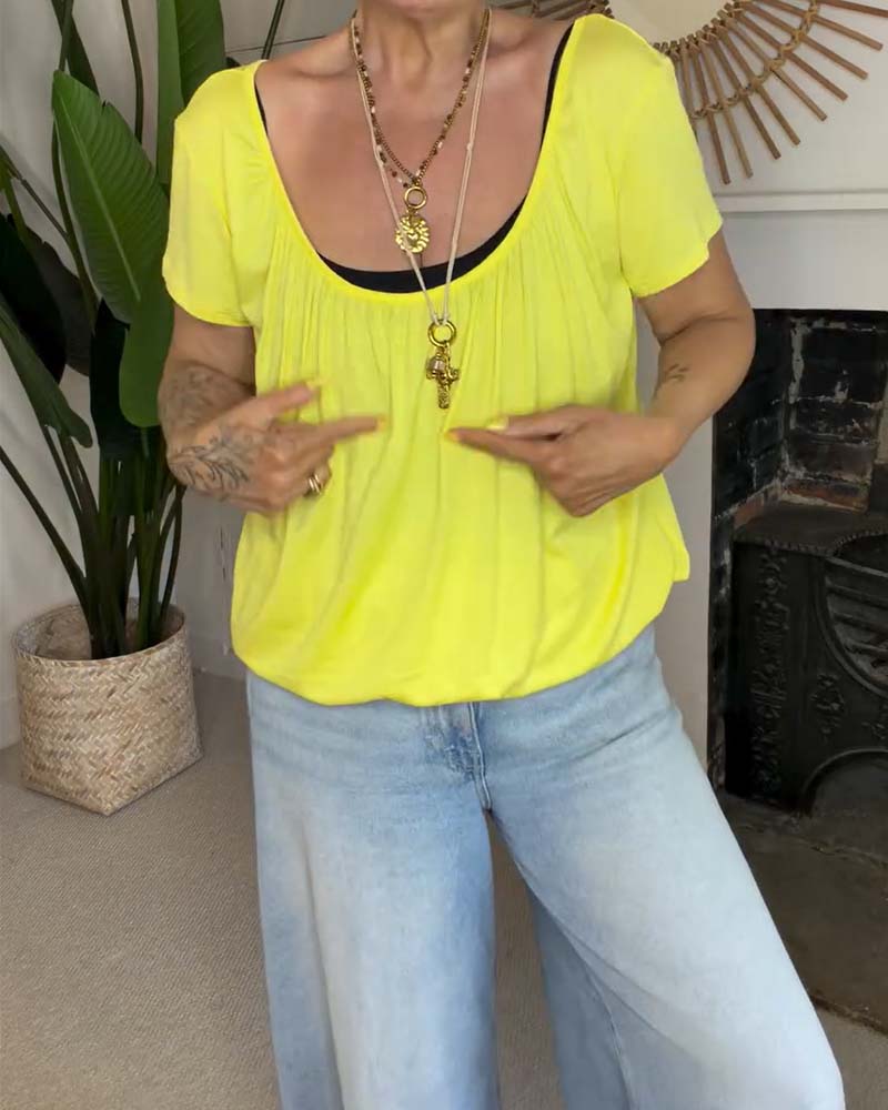Round-Neck Loose Pleated T-Shirt