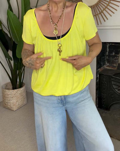 Round-Neck Loose Pleated T-Shirt