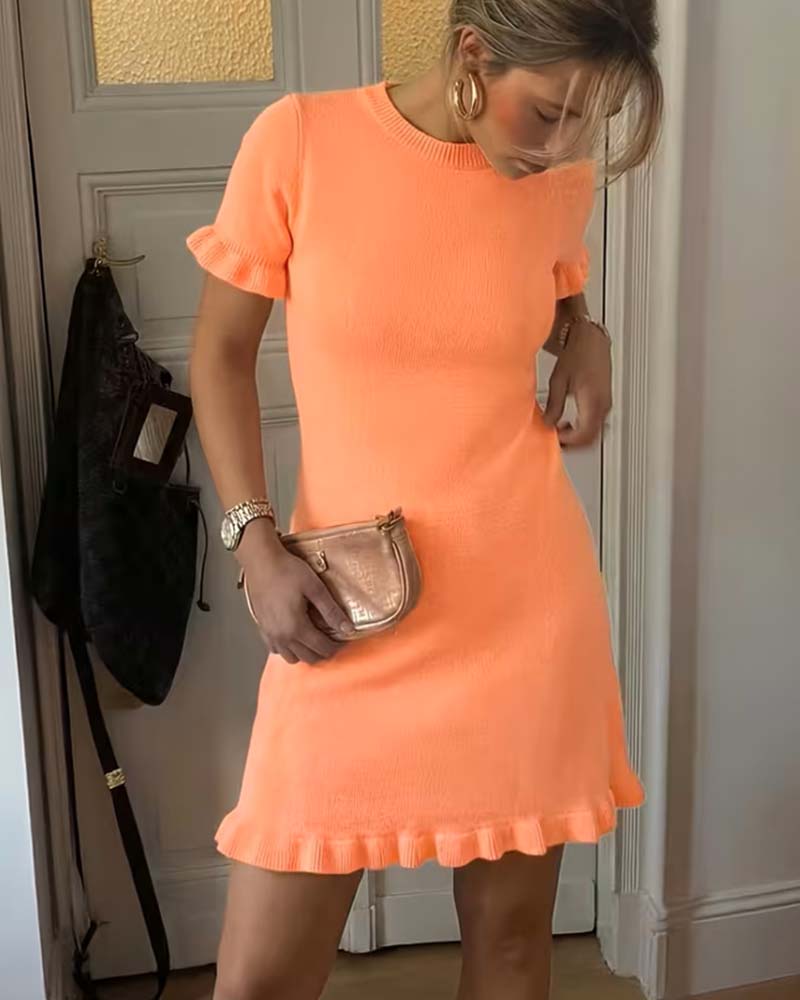 Round Neck Short Sleeve Ruffle A Hem Dress