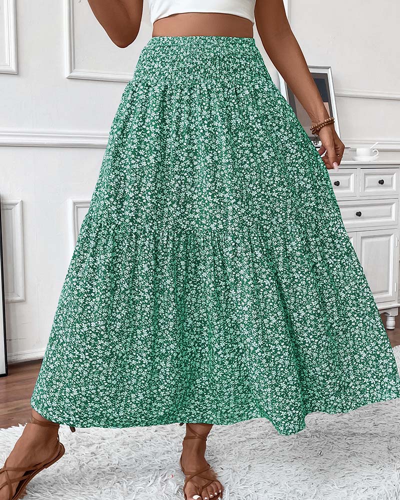 Layered Tiny Flower Print A-Line Long Skirt