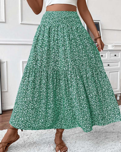 Layered Tiny Flower Print A-Line Long Skirt