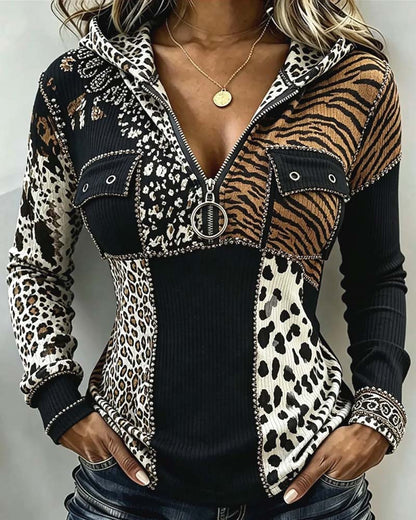 Leopard Patchwork Half Zip Hooded Top