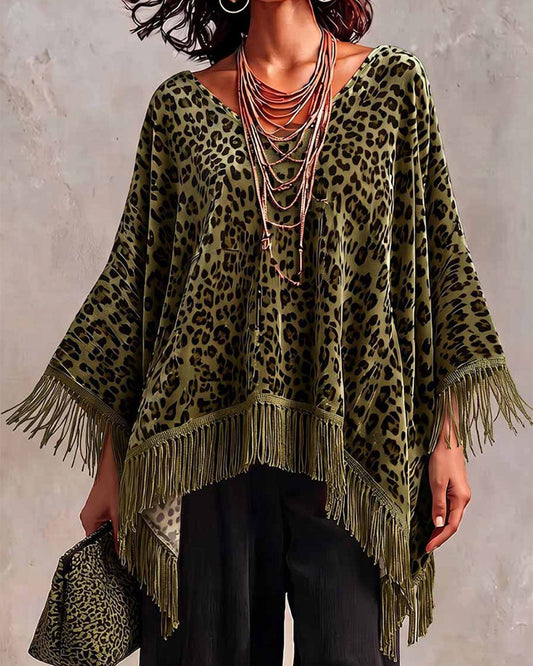Batwing Fringe Leopard Print Loose Velvet Blouse 2024 f/w blouses & shirts