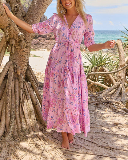 Kurzarmkleid mit V-Ausschnitt und Blumenmuster