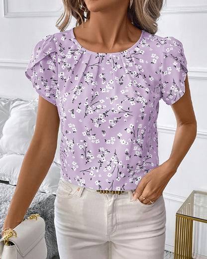 Floral Round Neck Short Sleeve Blouses