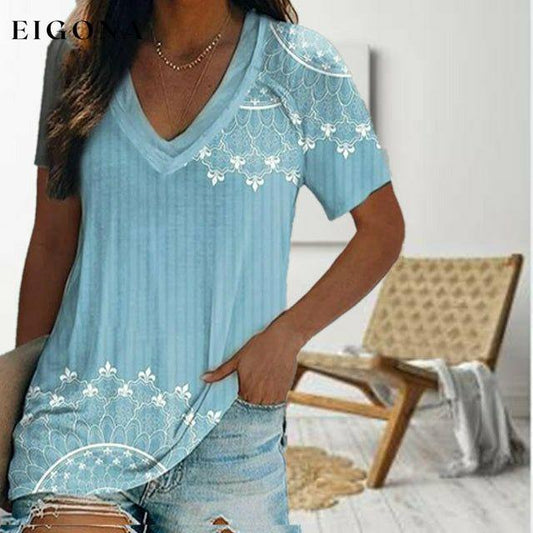 Vintage Printed Casual T-Shirt Blue Best Sellings clothes Plus Size Sale tops Topseller