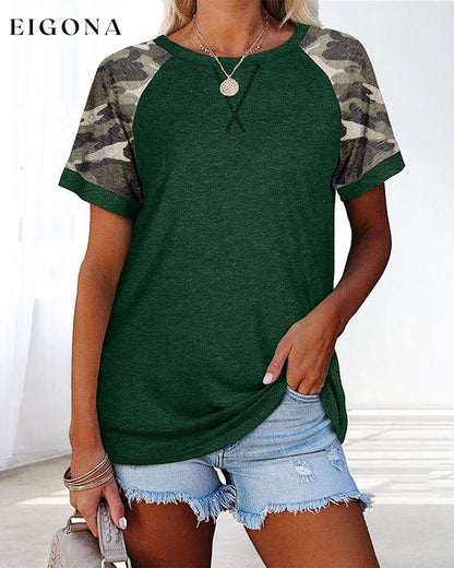 Camouflage print round neck short sleeve t-shirt Dark Green 23BF clothes Short Sleeve Tops Summer T-shirts Tops/Blouses