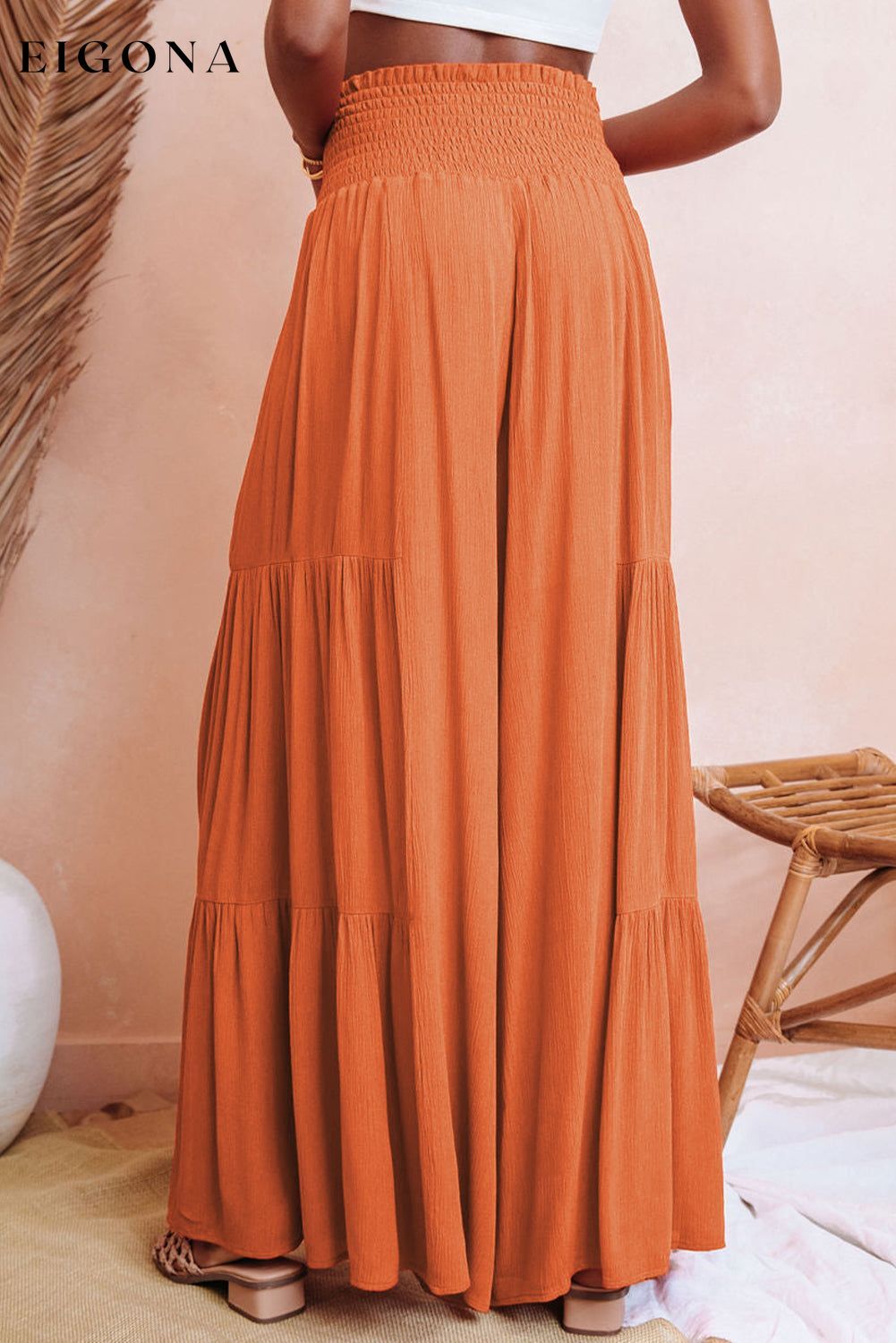 Orange Smocked Waist Tiered Wide Leg Pants bottom bottoms clothes Craft Smocked Occasion Vacation pants Season Summer Style Casual wide leg pants
